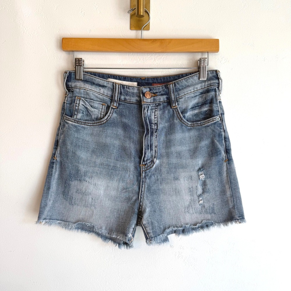 Pilcro Anthropologie Denim Shorts 27 Mid Rise Distressed Cutoff Raw Hem Coastal